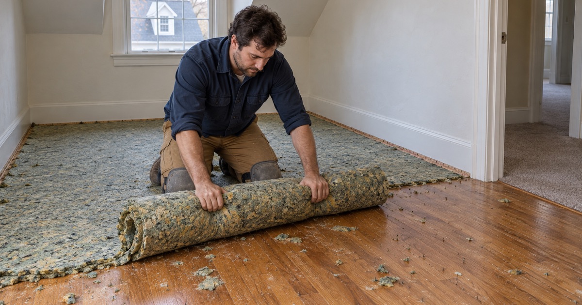 Worker rolling up old carpet padding to uncover a red oak floor in a Framingham Cape, staple holes and tack strip still along the wall.