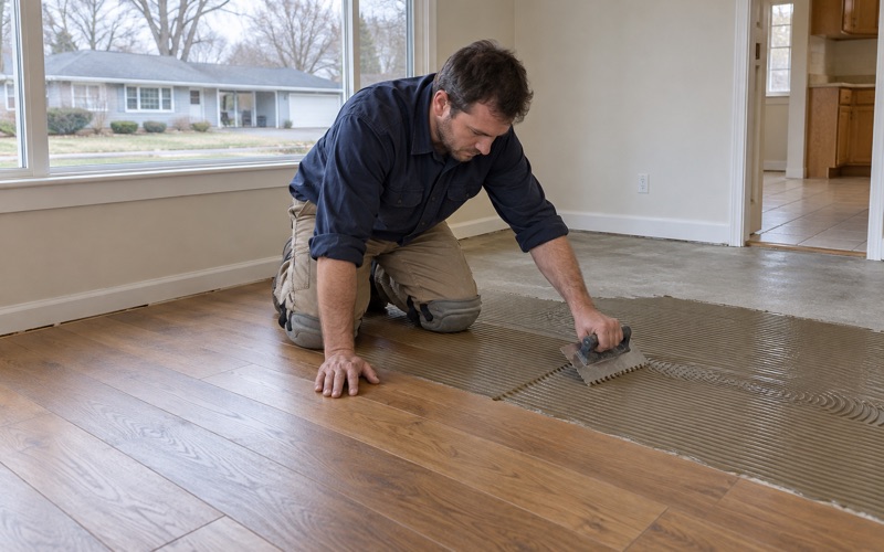 Worker troweling adhesive onto the concrete slab of a Framingham ranch before laying engineered hardwood planks.