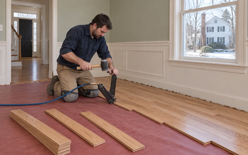 Worker nailing down new red oak strip flooring with a mallet and flooring nailer in the dining room of a Framingham Colonial.