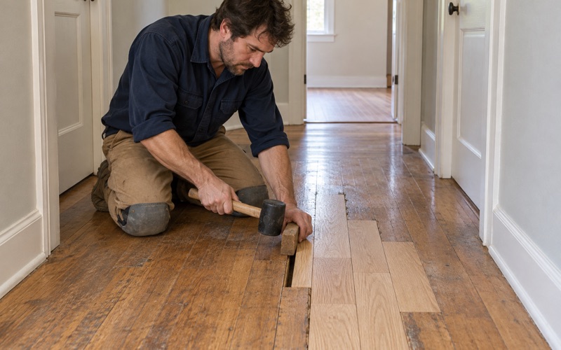 Worker tapping a replacement oak board into a laced-in floor repair with a tapping block in a Framingham hallway.