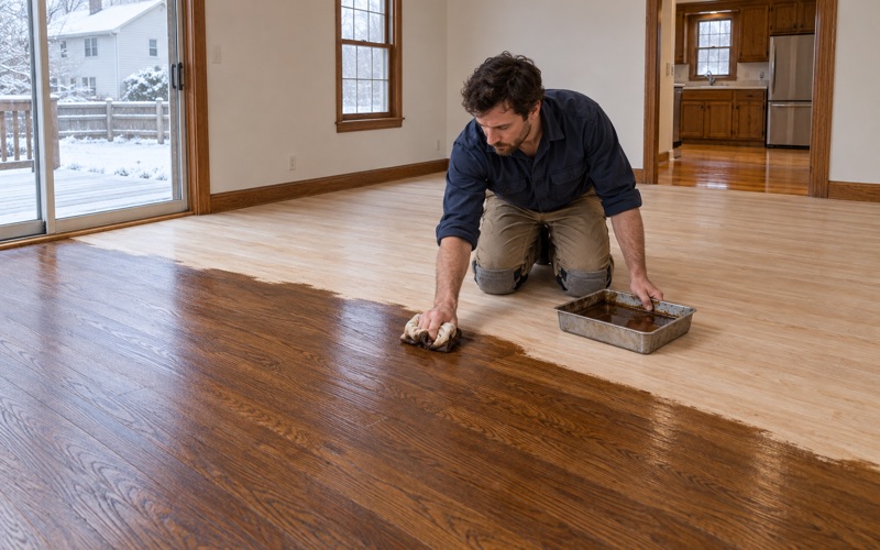 Worker wiping a brown stain across sanded oak to replace an orange finish in a Framingham family room.