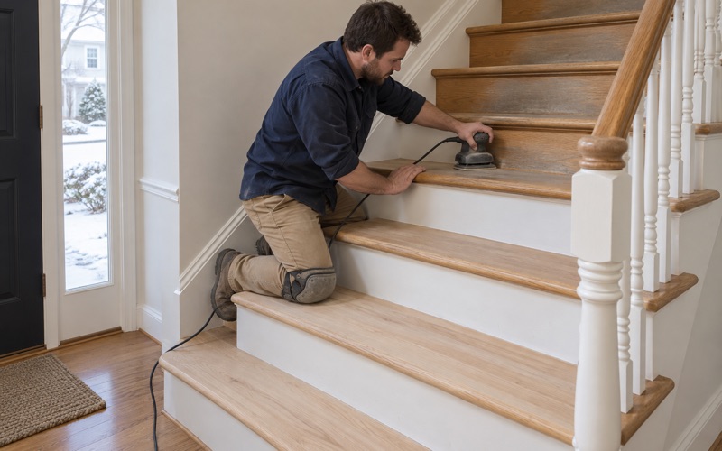 Worker sanding an oak stair tread with a detail sander on the front stairs of a Framingham Colonial.