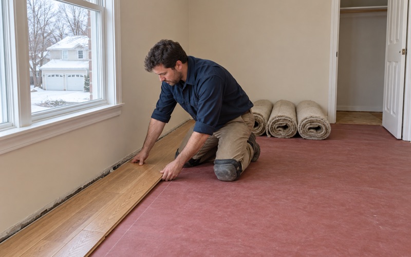 Worker setting the first row of new oak flooring in a Framingham bedroom where the old carpet has been pulled up and rolled away.