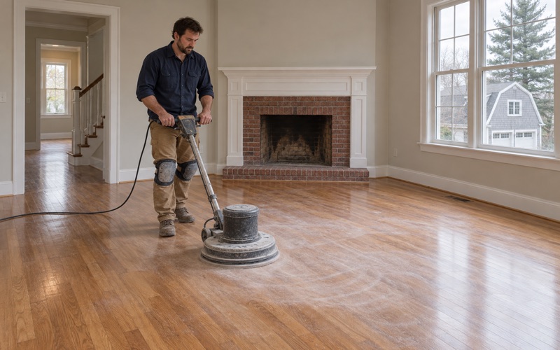 Worker screening a dull oak floor with a floor buffer before a fresh coat of finish in a Framingham house.
