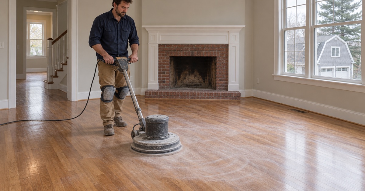 Worker screening a dull oak floor with a floor buffer before a fresh coat of finish in a Framingham house.