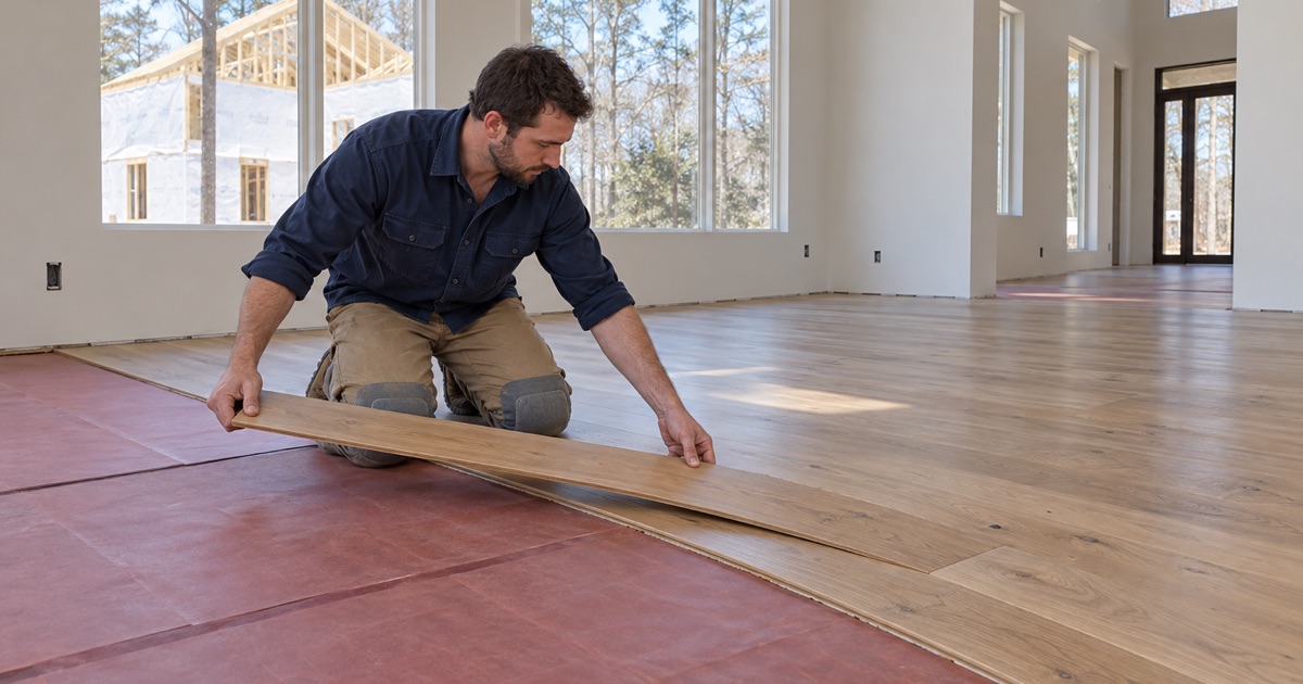 Worker lowering a long wide oak plank into place on a new floor in a newly built house near Framingham.