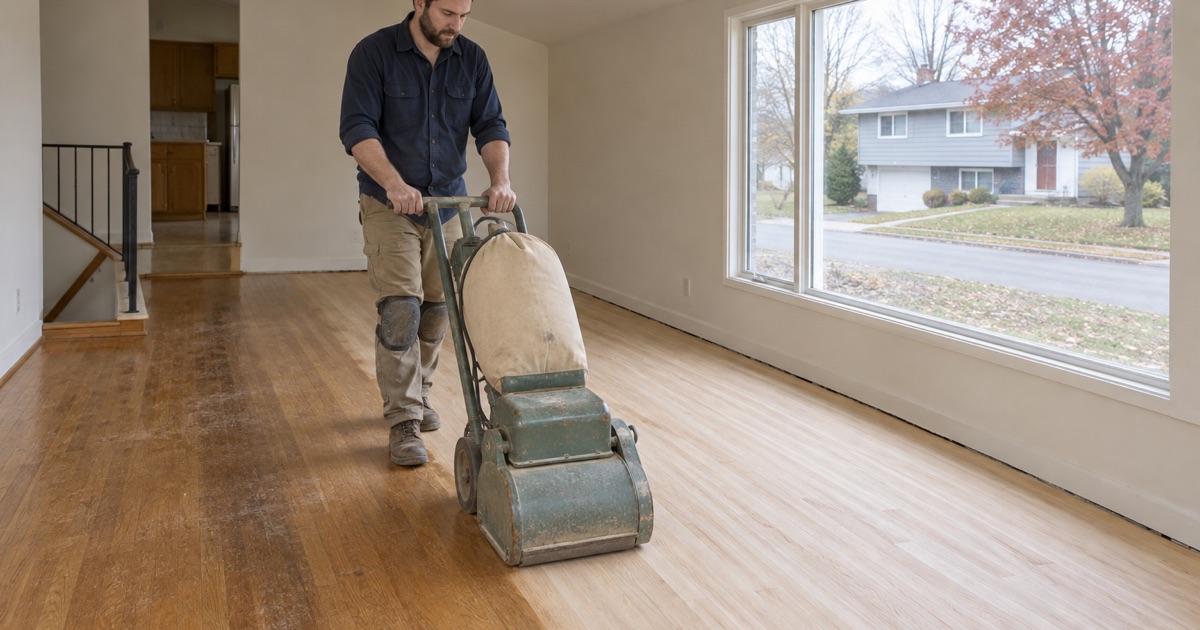Worker sanding red oak strip flooring with a drum sander in the living room of a Framingham split-level house.